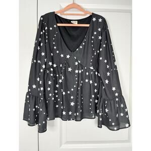 Peach Love Cali Star Print Baby Doll Blouse Bell Sleeves Cowgirl Western Size L